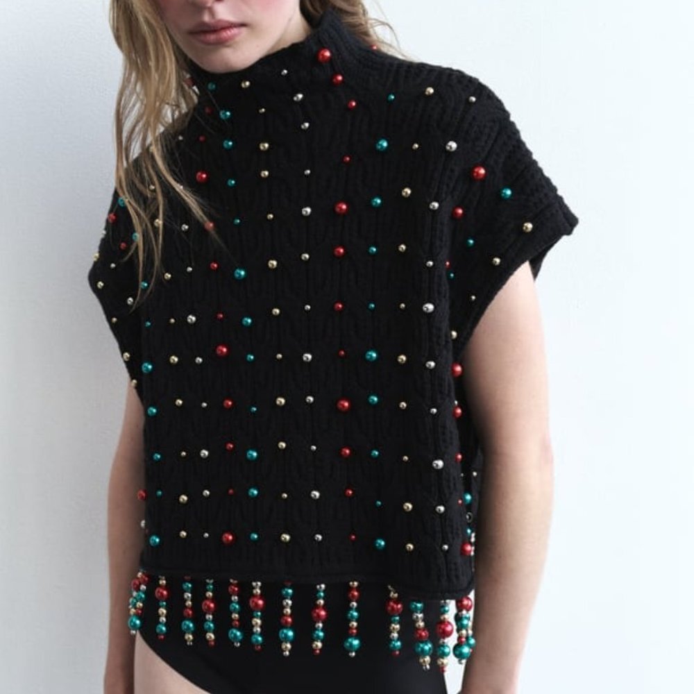 NWT FESTIVE PEARL FRINGED KNIT VEST